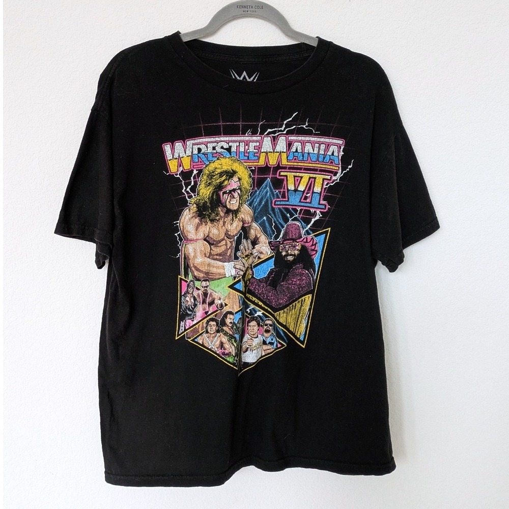 WWE WrestleMania VI Graphic T-Shirt Mens Lg Black Retro Ultimate Warrior Savage